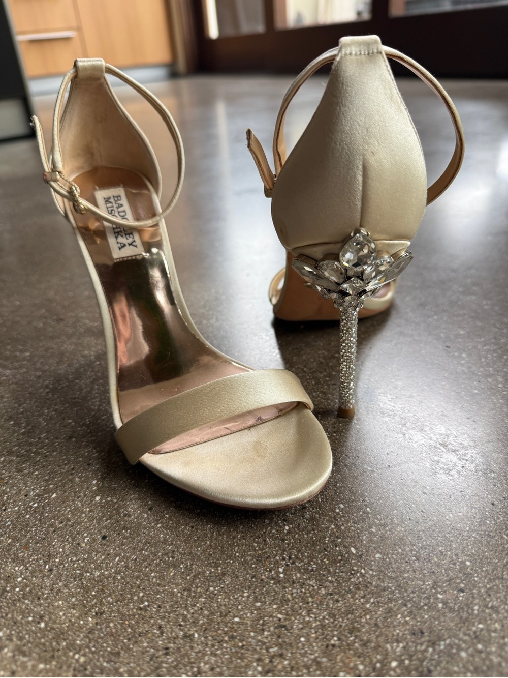 Badgley Mischka Champagne Satin Crystal-Embellished Stiletto Heels